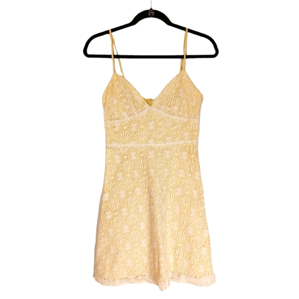 VTG Y2K MOLLY Yellow White Lace Print Sleeveless Dress 2 (XSmall)